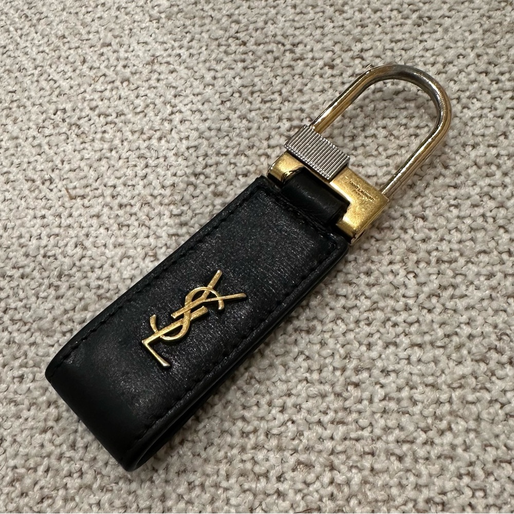 YSL Black Leather Key Fob with Gold Hardware